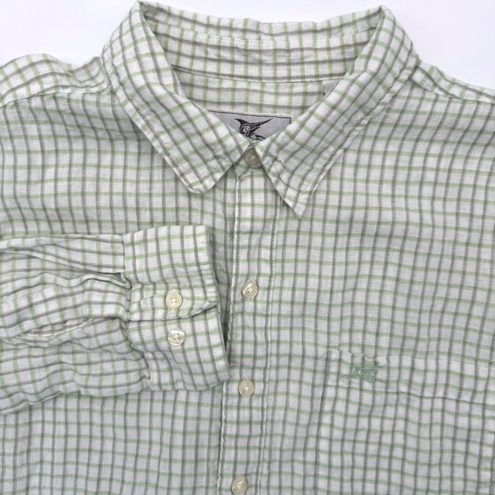 Madda Fella Button Down Mens L Green Grid Check 100% Linen Long Sleeve Shirt